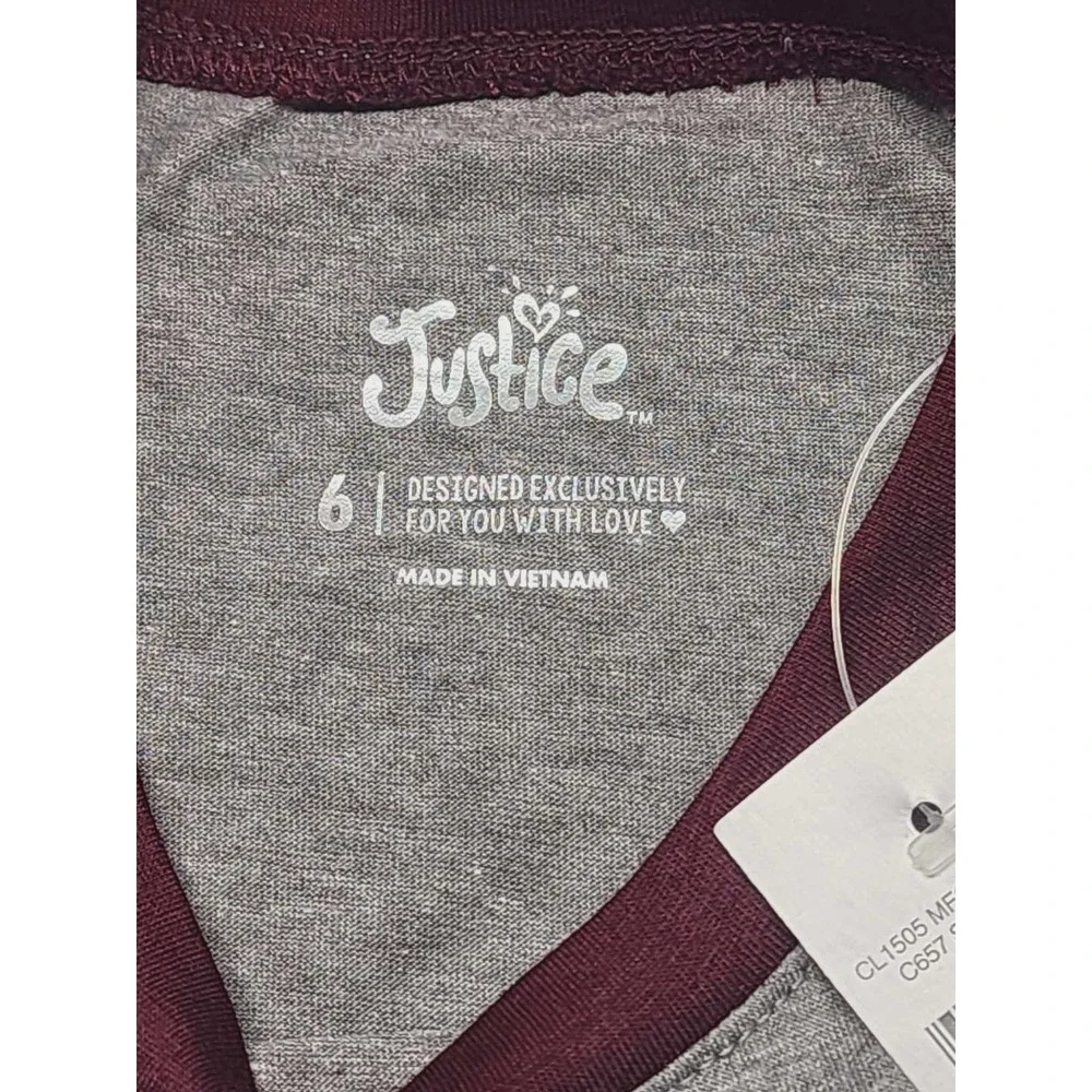 Justice Girls Size 6 Raglan Baseball Tee Grey Burgundy Live Love Justice Graphic